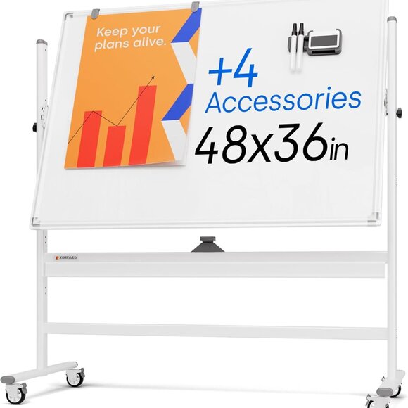 Rolling Dry Erase Board 48 x 36 - Large Portable Magnetic Whiteboard with Stand